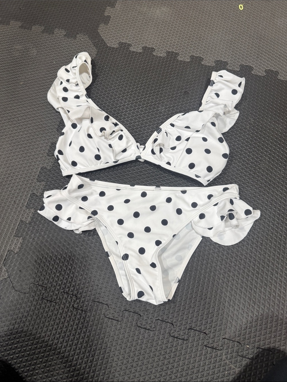 White & Black Polka Dot Ruffle Bikini Top and Bottom Set